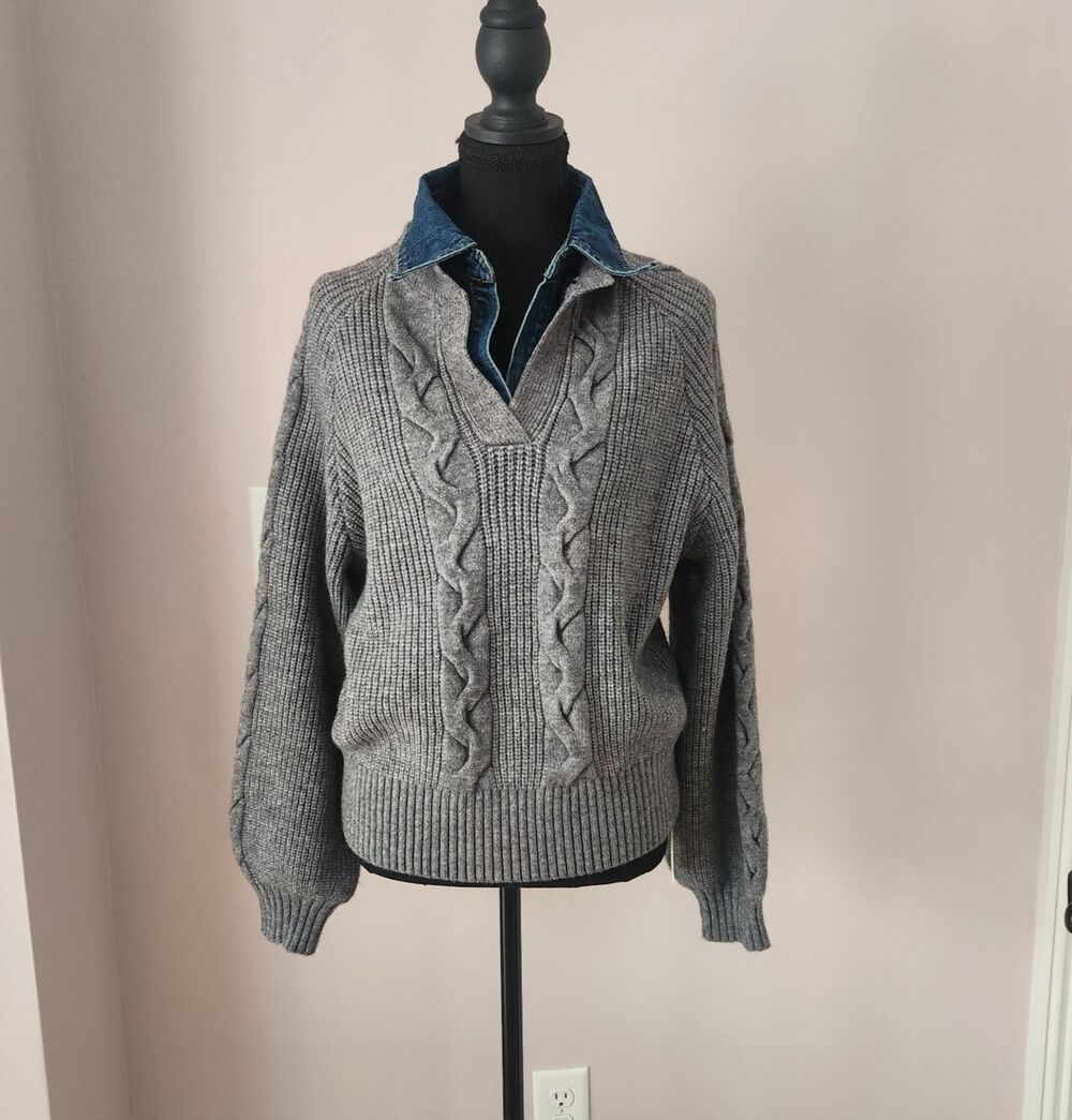 NWT COMMENSE Denim Collar Layered Sweater Grey Knit Sweater Small-oversized fit